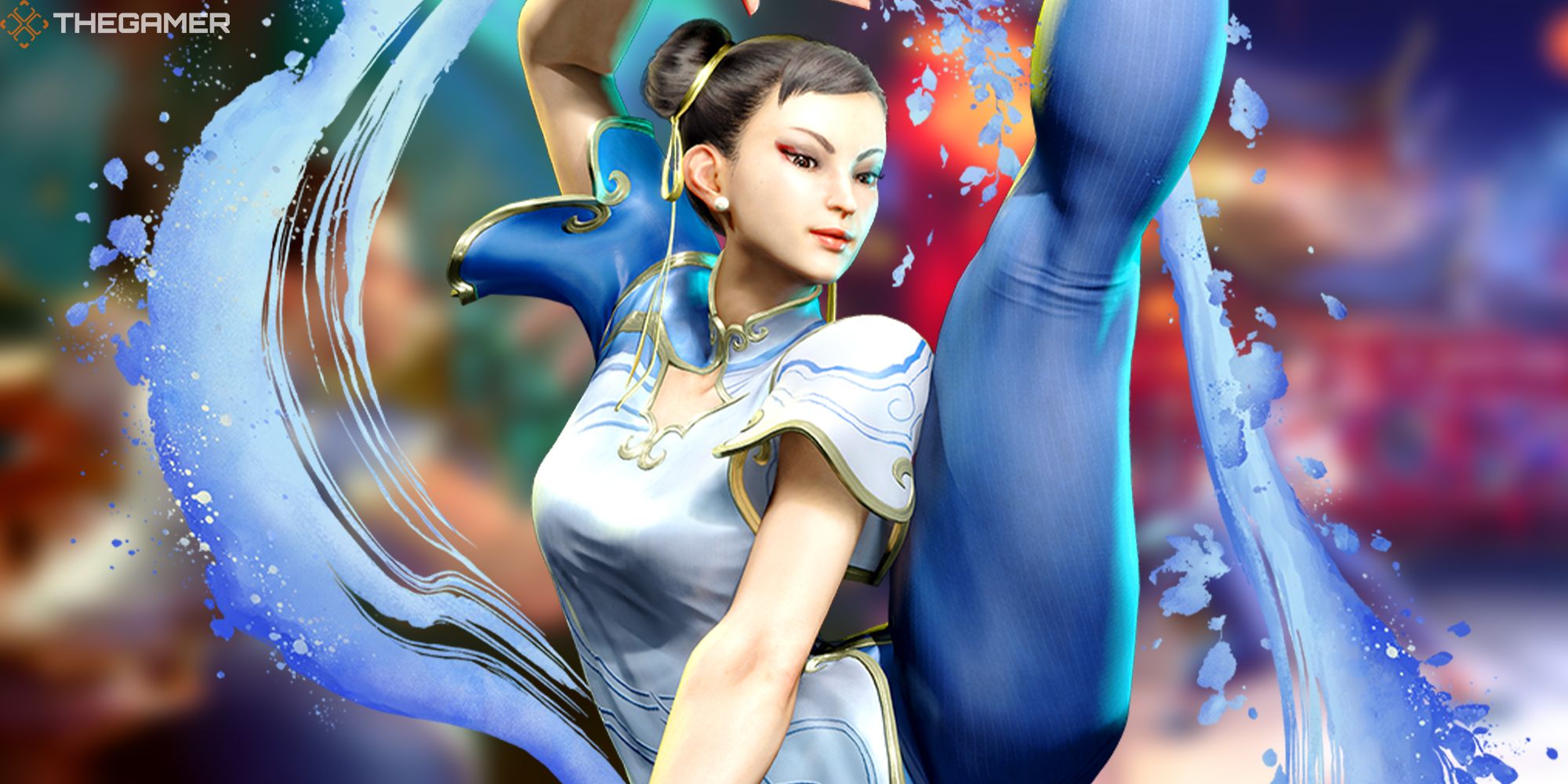 Chun-li, from Street Fighter 6, stands in front of blurred photos from a battle at Tian Hong Yuan.