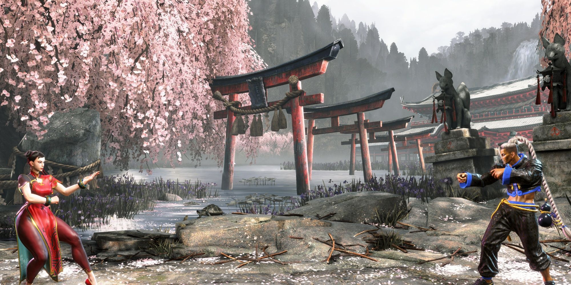 Chun-Li squaring off against Jamie in the quiet and stunning Genbu Temple in Street Fighter 6.
