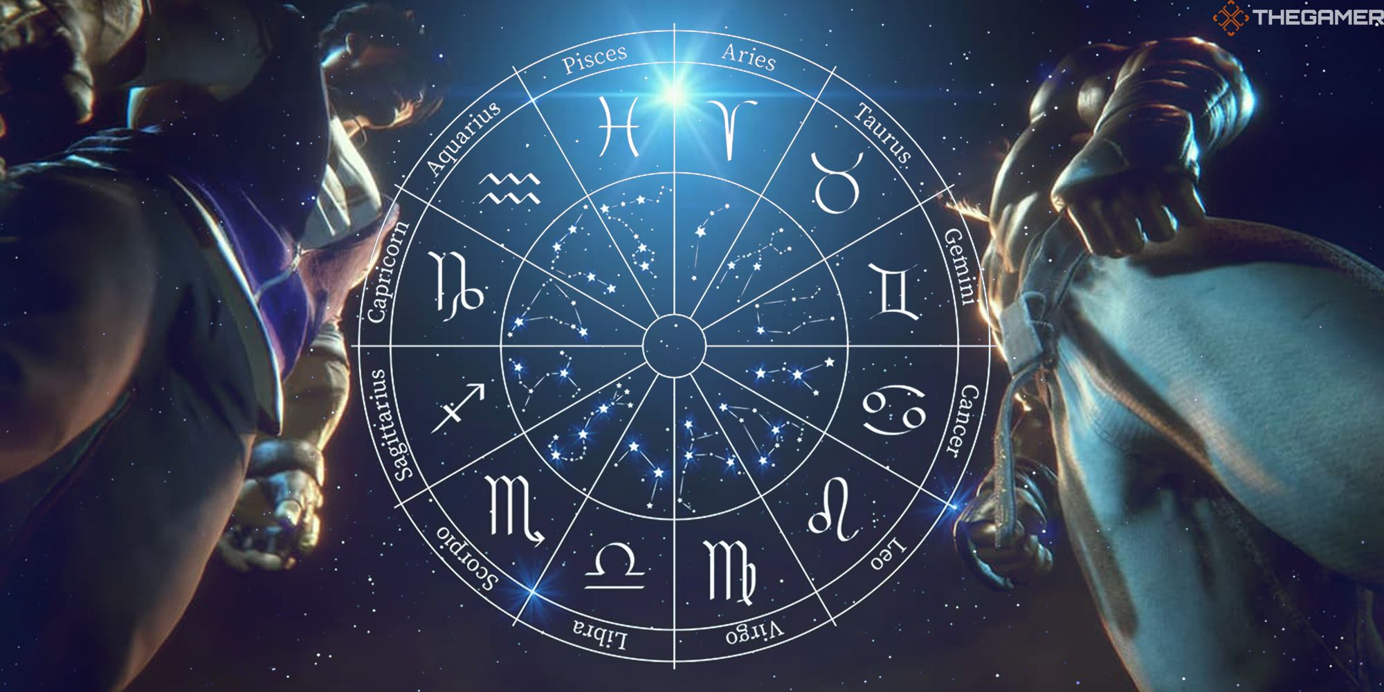 Luke and Ryu from Street Fighter 6 stand behind a zodiac wheel surrounded by stars.