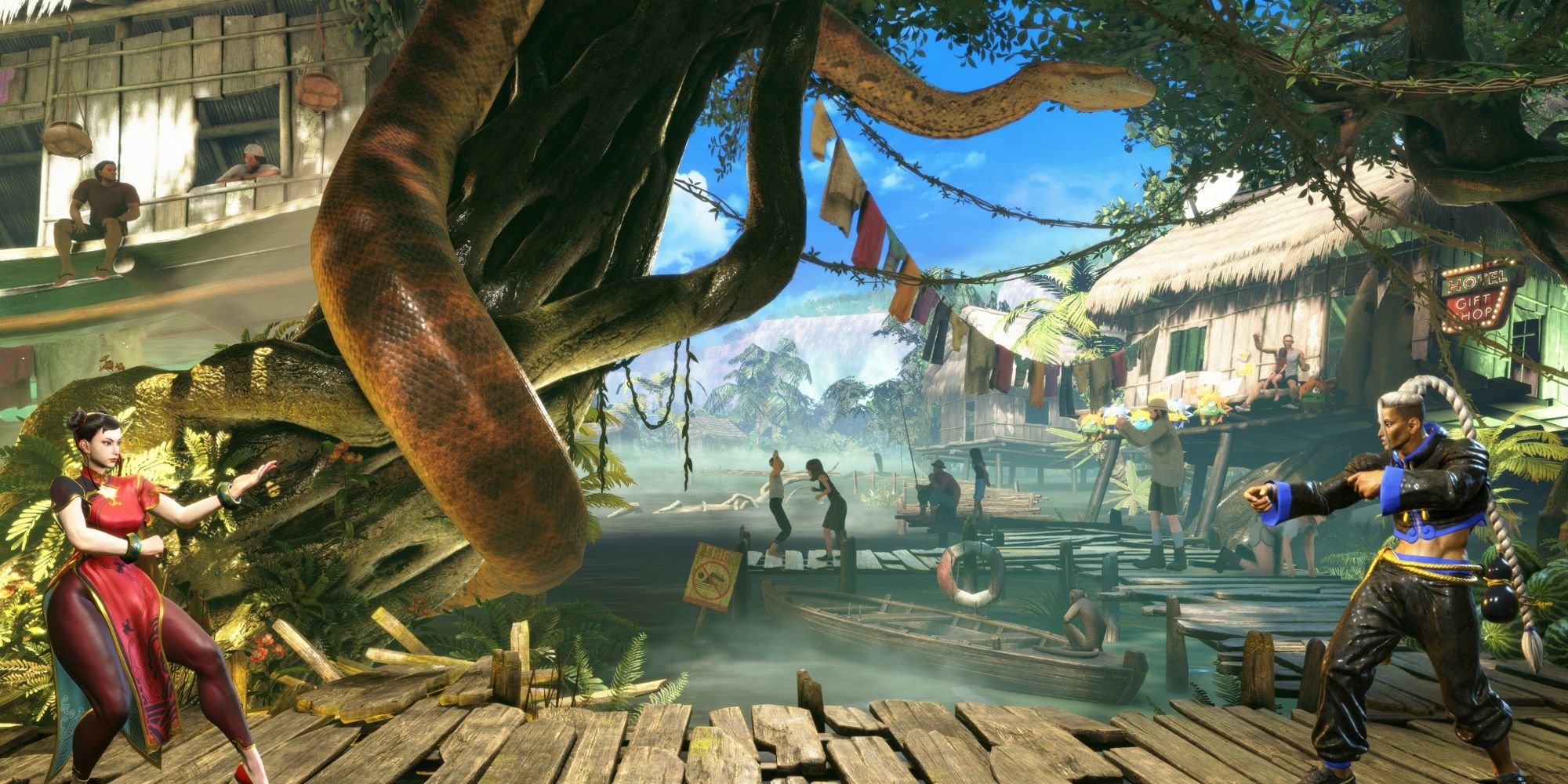 Chun-Li squaring off against Jamie in a small fishing village in Brazil in Street Fighter 6.