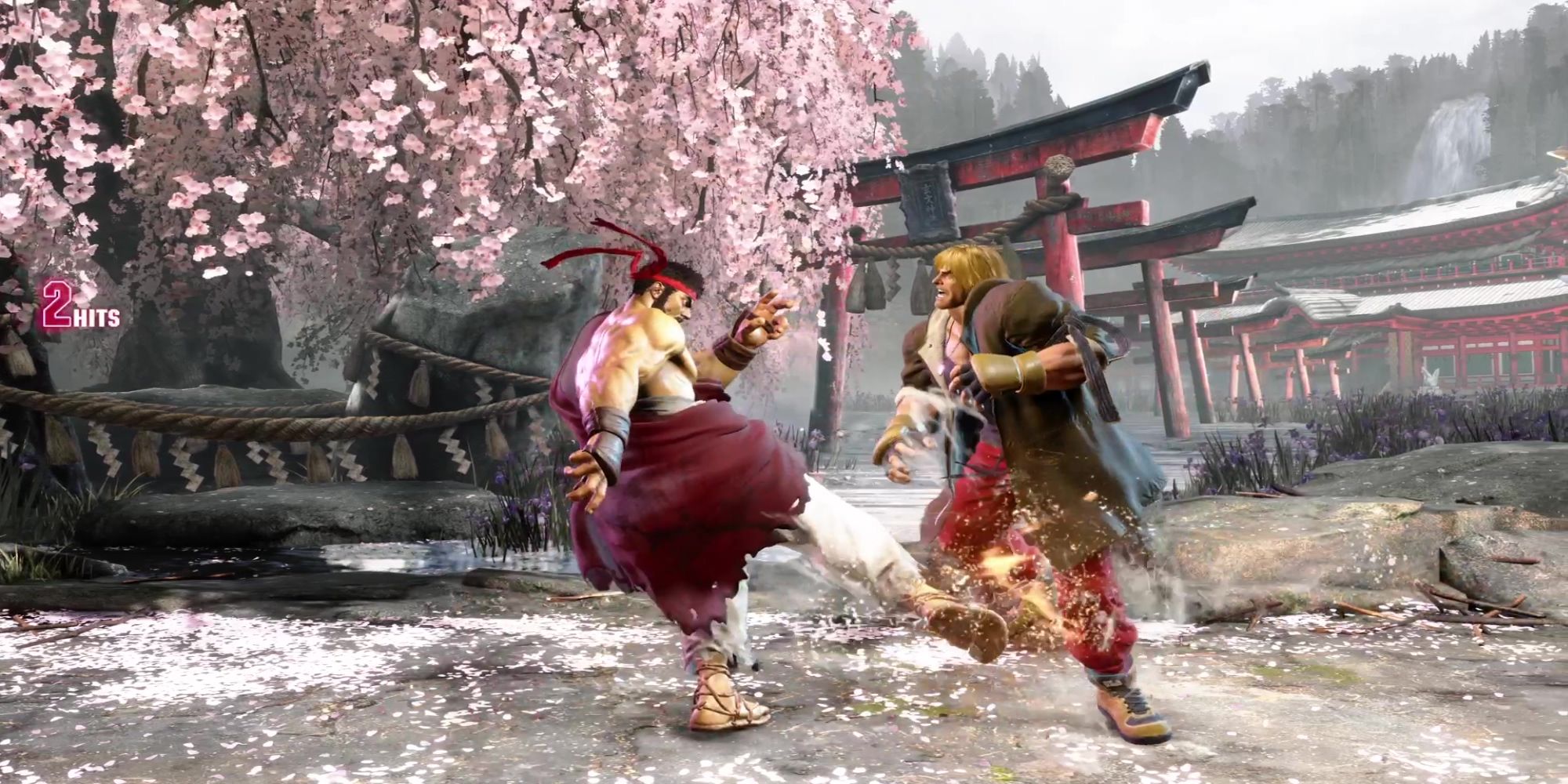 Ryu knocks down Ken with a low kick during a battle at Genbu Temple in Street Fighter 6.