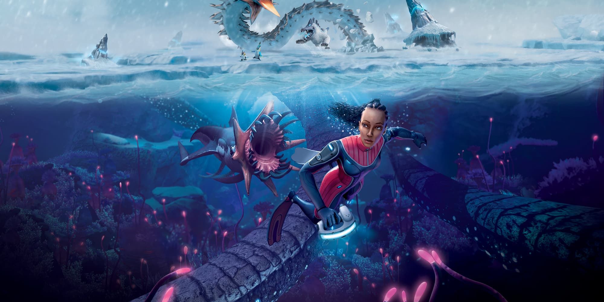 The main character swims away from a hostile aquatic creature in Subnautica: Below Zero.