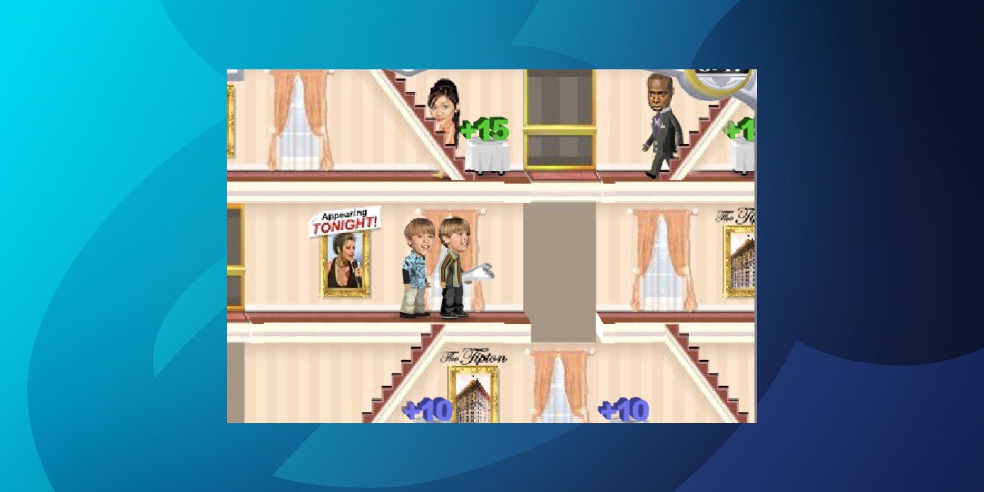 Zack and Cody are standing in the hallway with London and Mr. Moseby in the hallway above them
