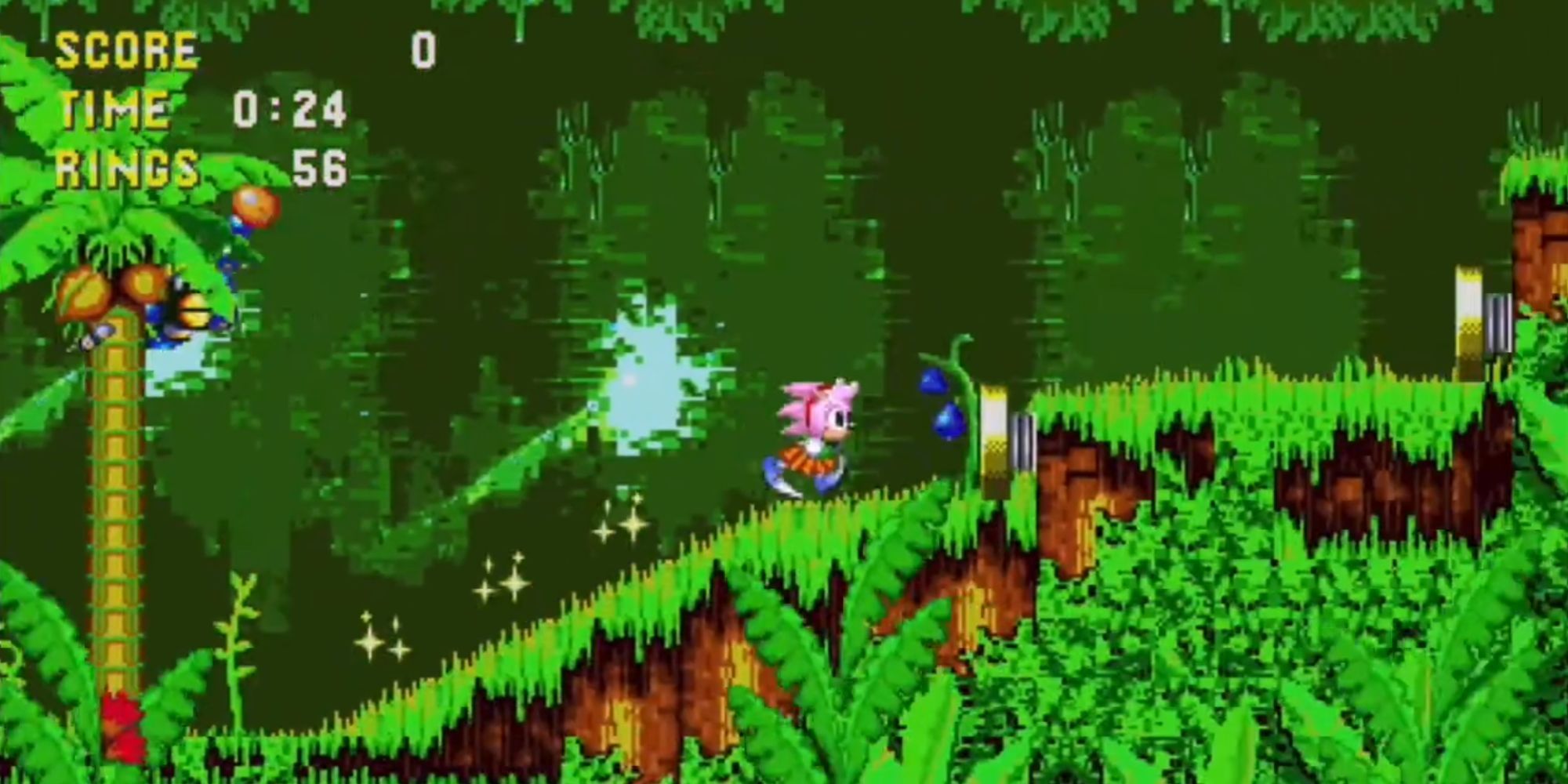 Amy Rose running in a classic Sonic game. She is in Super Amy form, so there are sparkes around her.