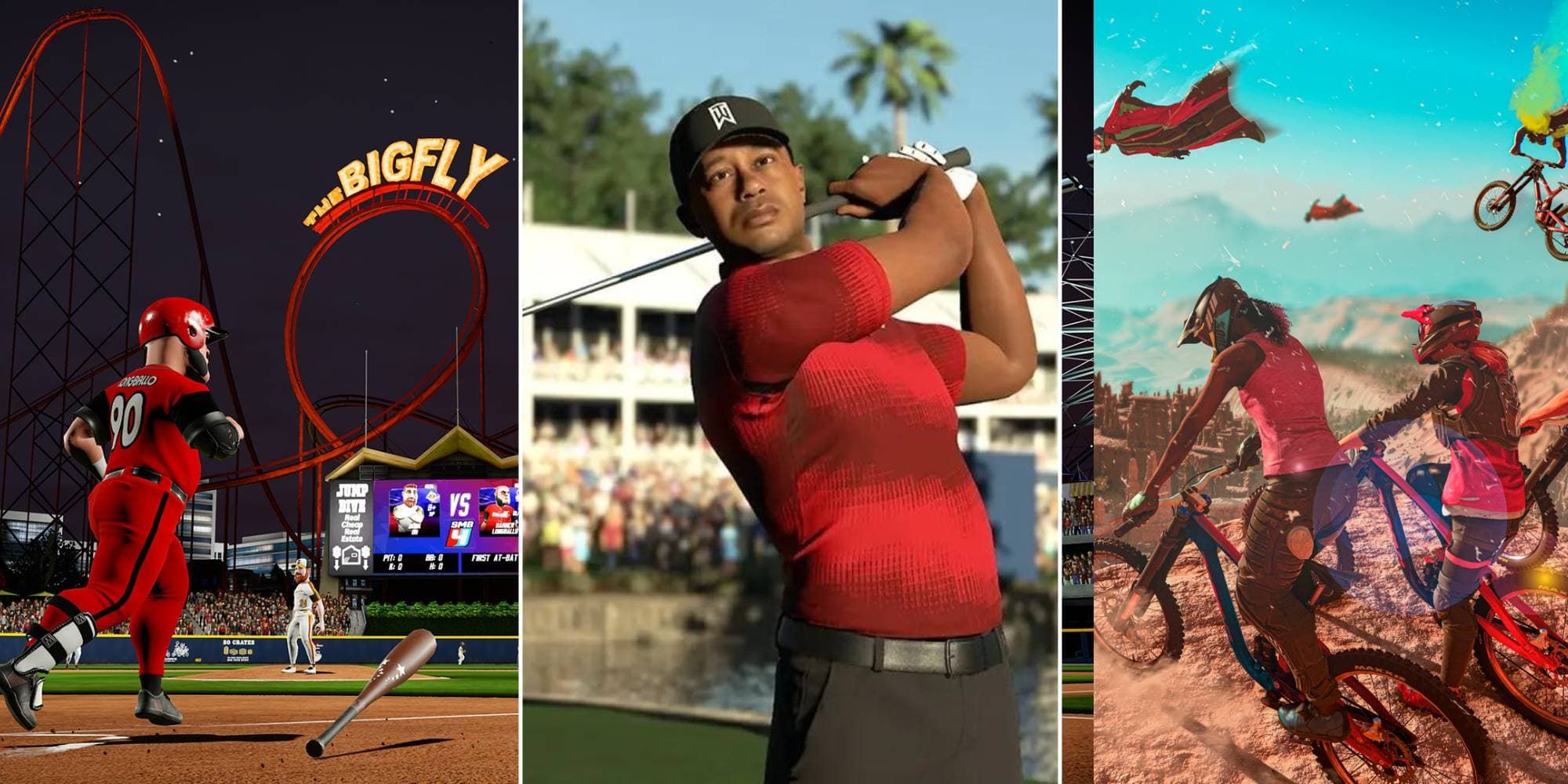 A batter heads to first base in Super Mega Baseball 4, Tiger Woods follows through with a swing in PGA Tour 2K23, and several riders look over a cliffside in Riders Republic.