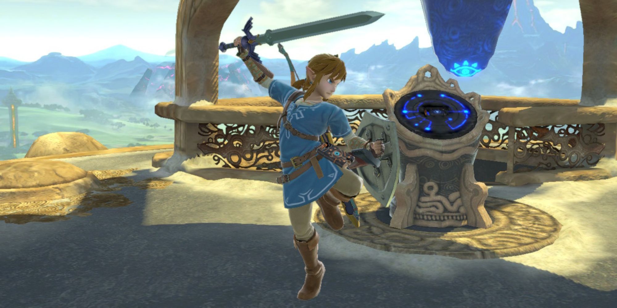 Link poses with his master sword on the Great Plateau tower