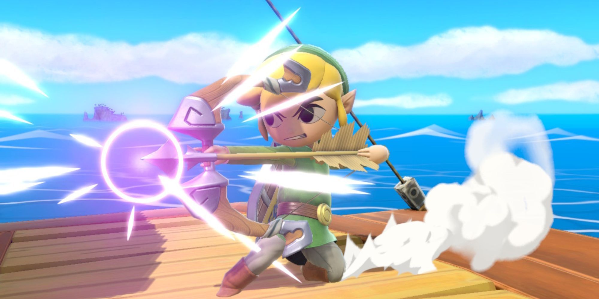 Toon Link prepares to fire an arrow on the Pirate Ship stage