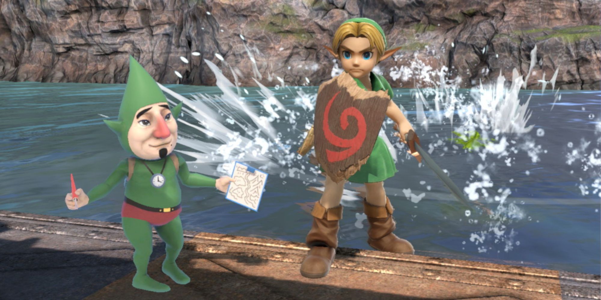 Young Link stands next to Tingle by the water on the Great Bay Stage