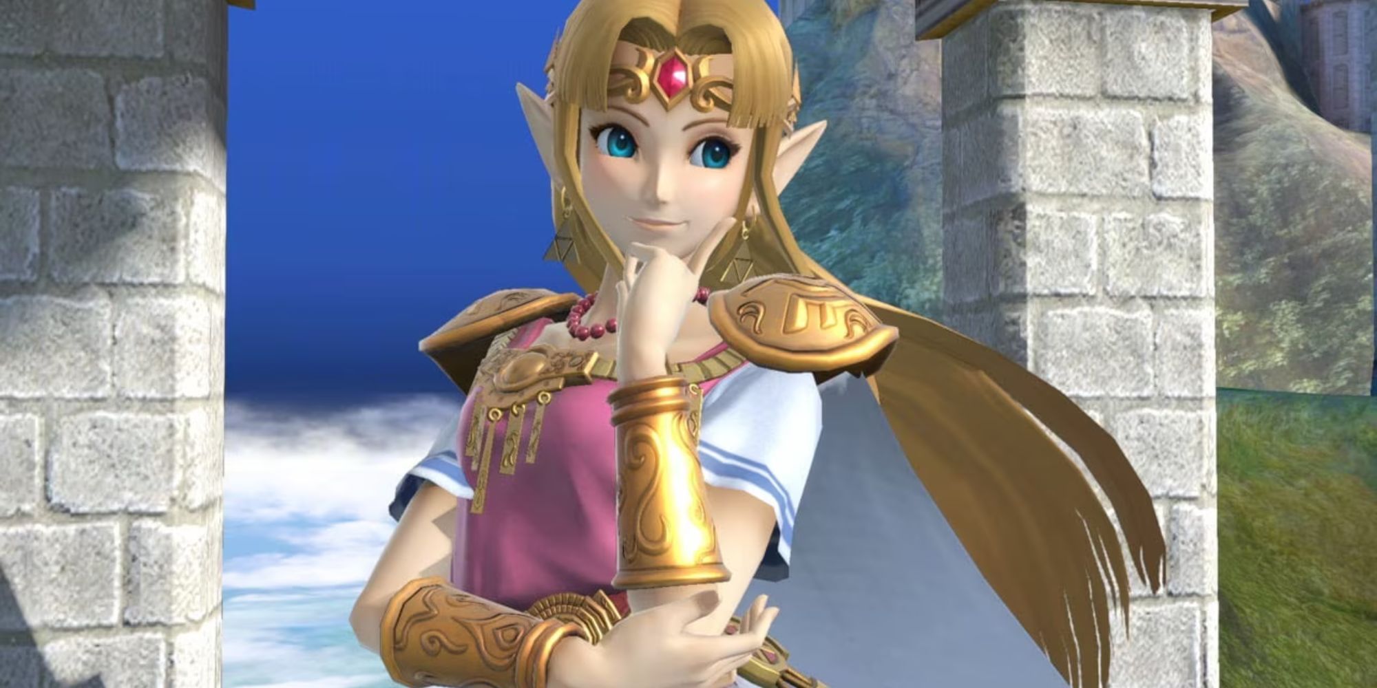 Zelda hold her hand beneath her head by Hyrule Castle