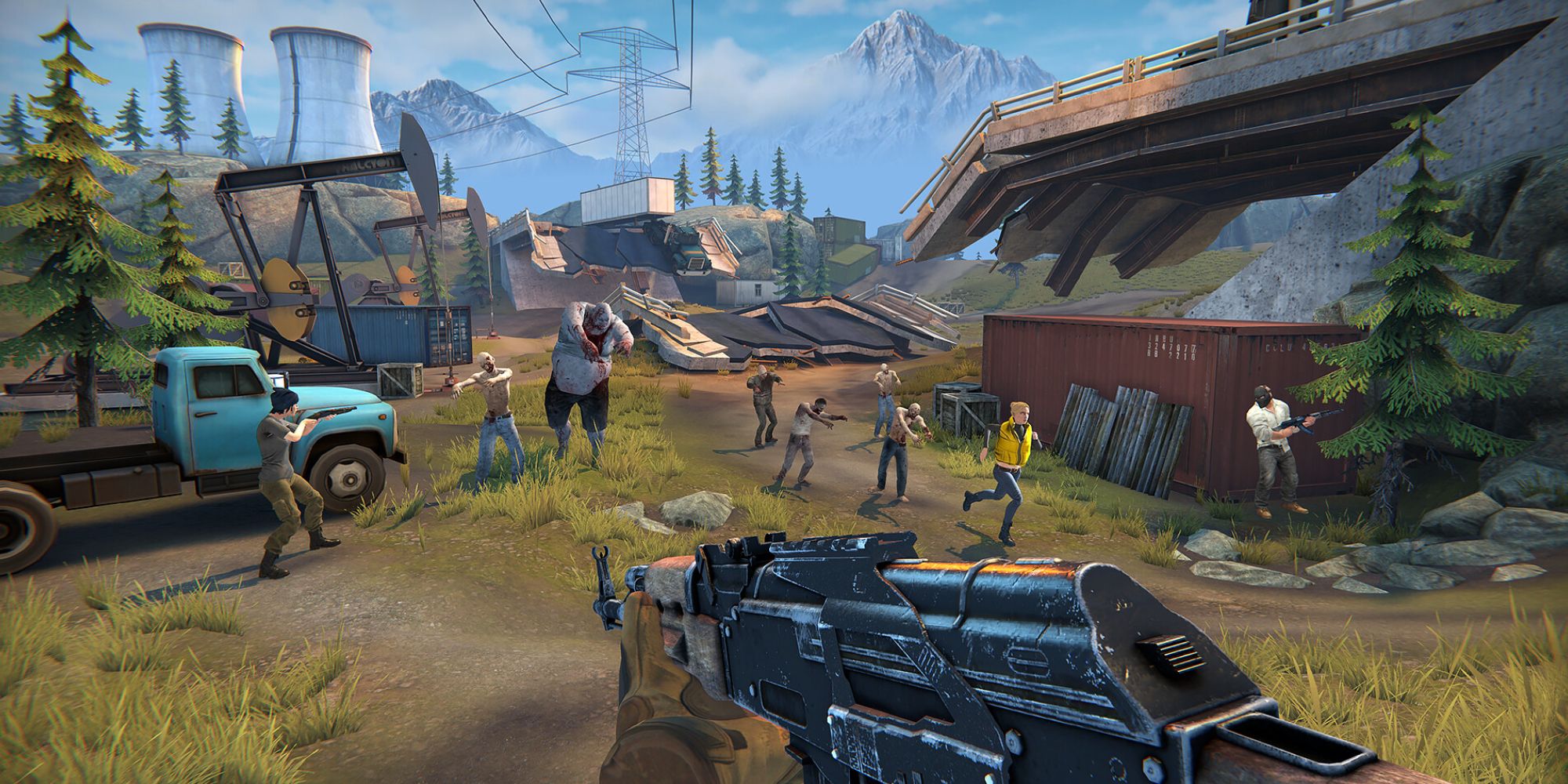 Survival Nation: Multiple players shoot at oncoming zombies in a run down roadside.