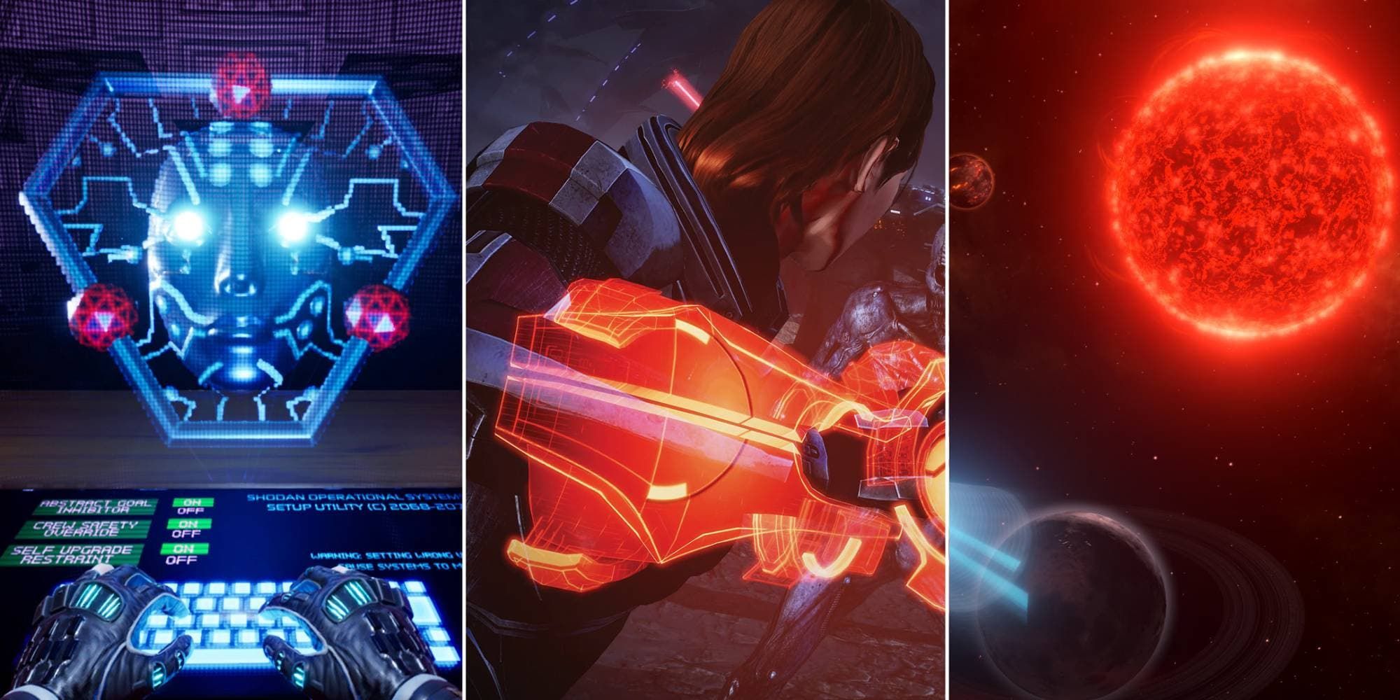 SHODAN in System Shock, Shepard with a melee weapon in Mass Effect, and a blazing sun planet in Stellaris.
