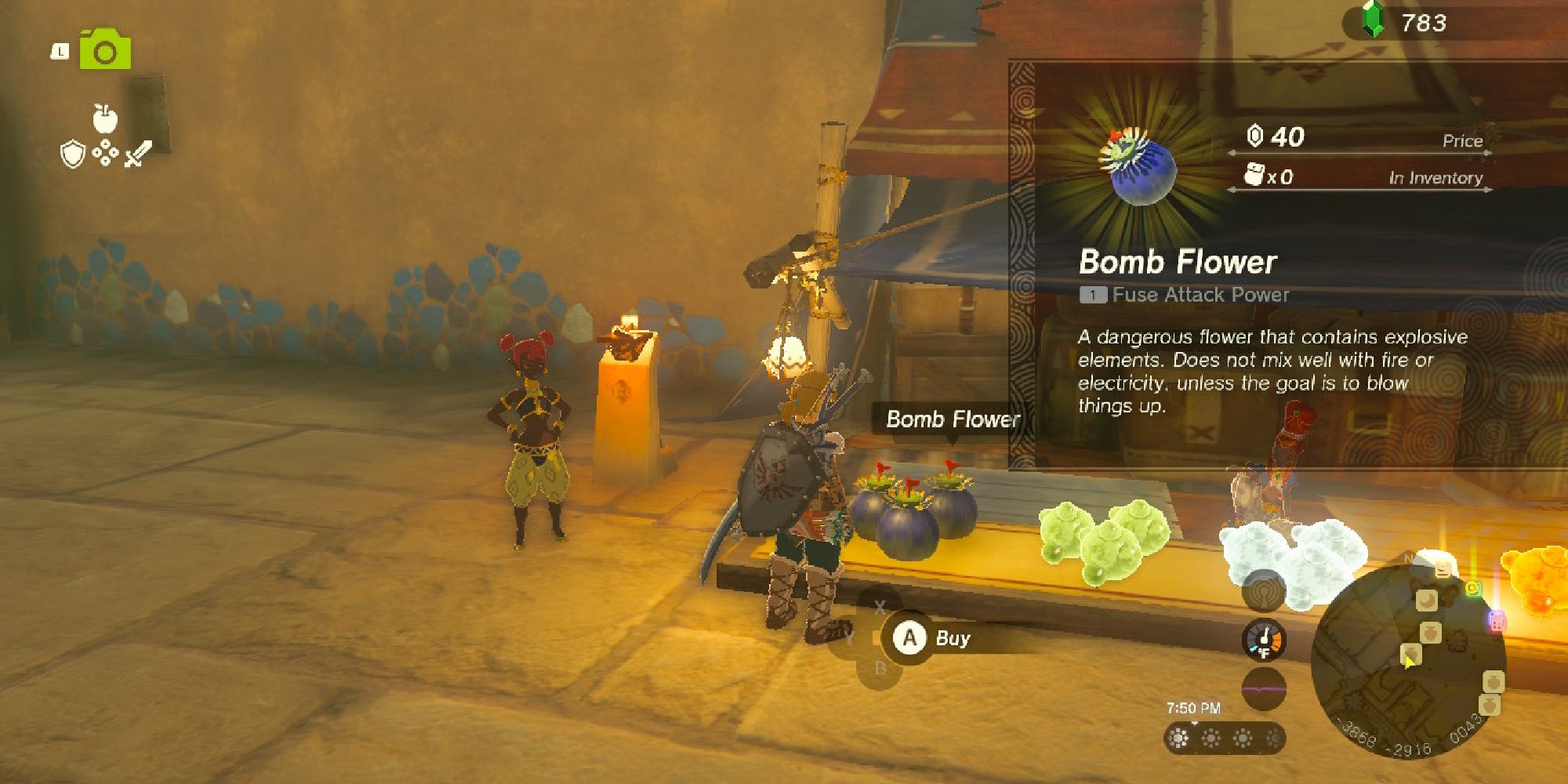 tears of the kingdom bomb flower from gerudo vendor with link looking at description panel