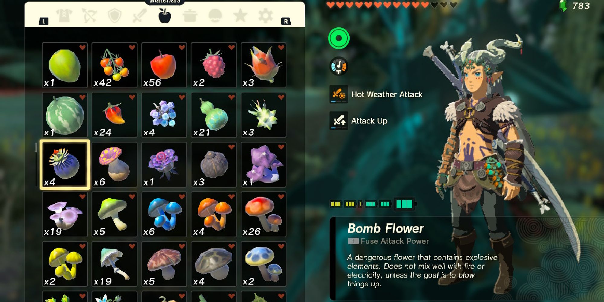 tears of the kingdom bomb flower in inventory filled with materials