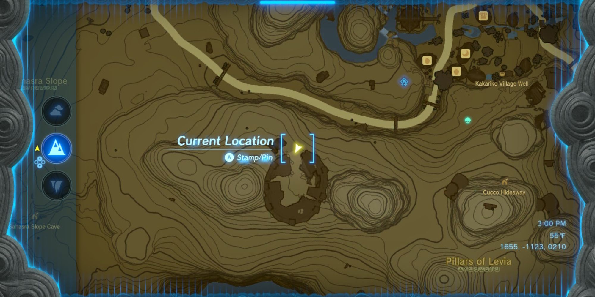 A close-up of the Nestled Ring ruins on the map in Tears of the Kingdom.