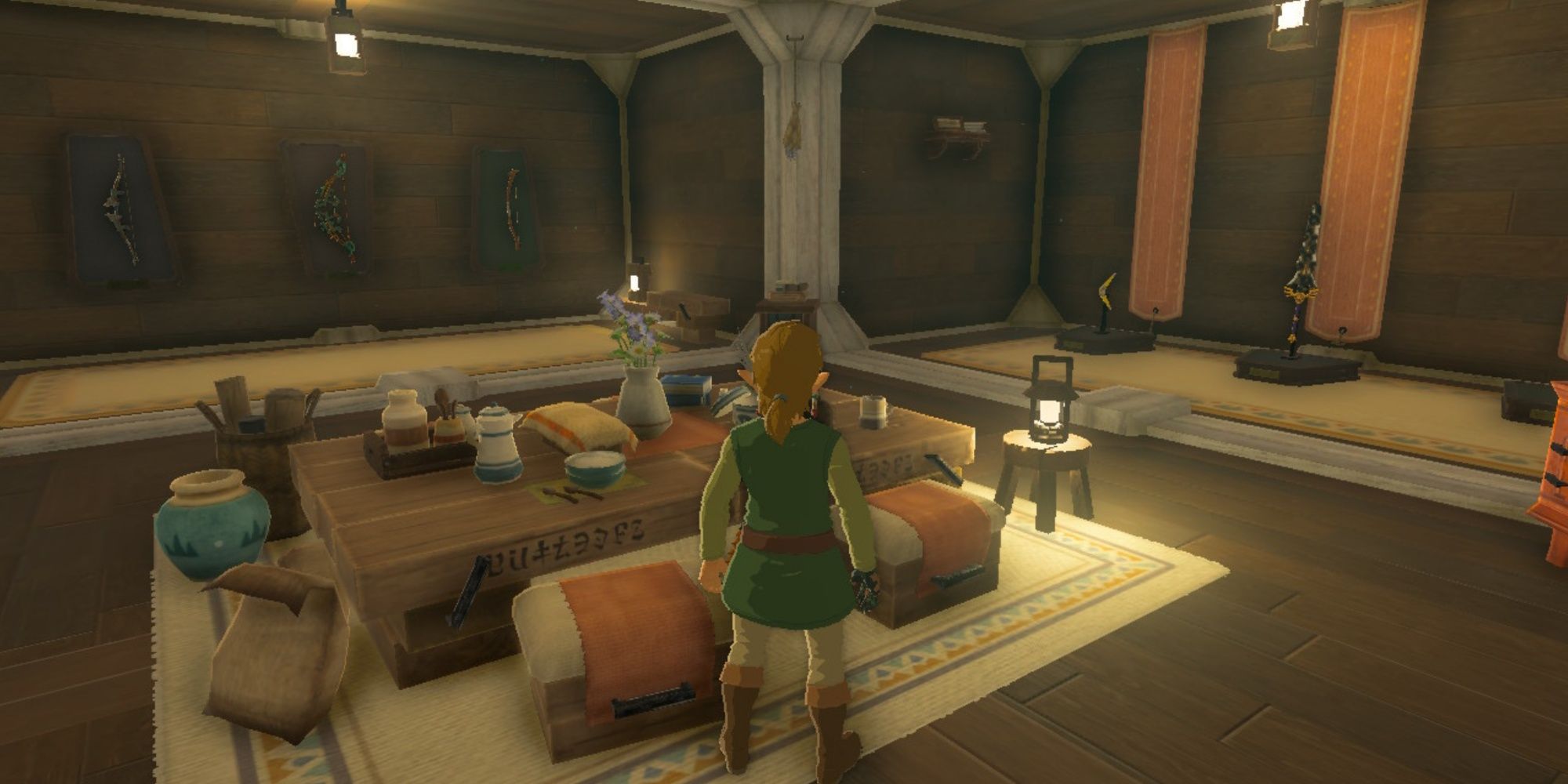 Tears of the Kingdom - Link facing a Bow display room and a Weapon display room in his house