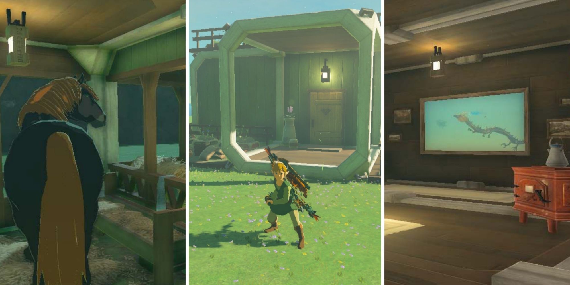 Tears of the Kingdom - Link's dream house collage - Horse in stable on left, Link in front of house in the center, photo in gallery room on right