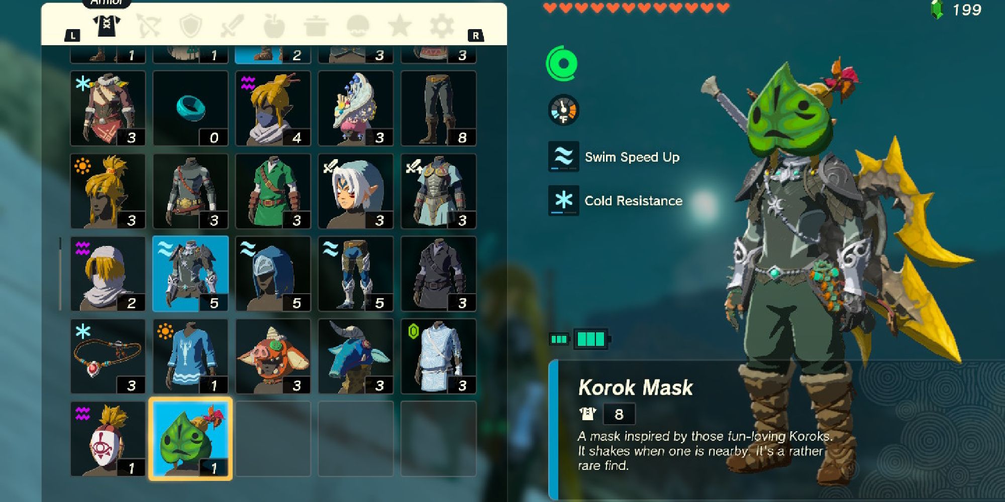 link of tears of the realm wearing the mask of korok in the armor menu