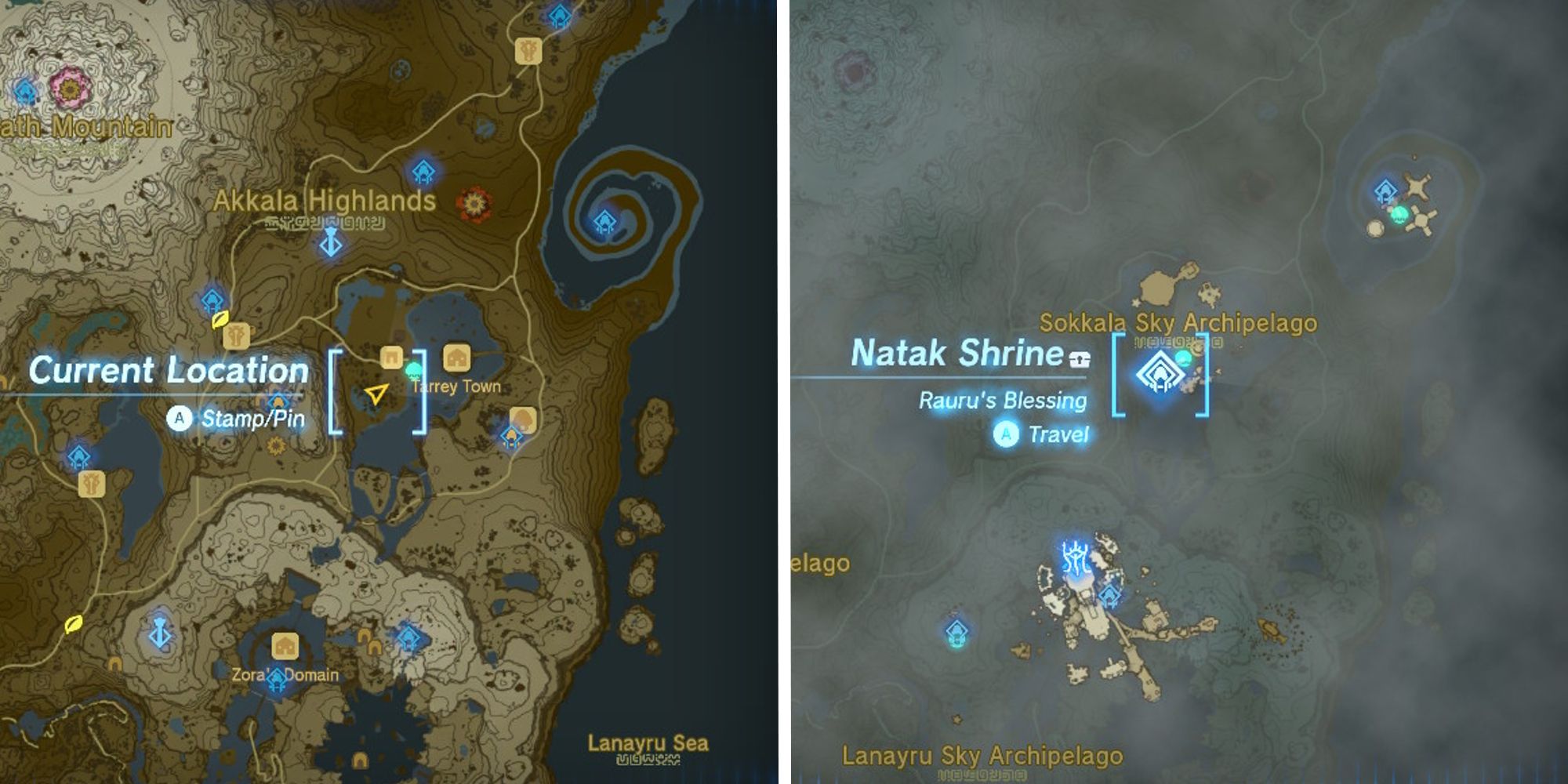 split image showing the location of the natak shrine above the location on the surface of hyrule