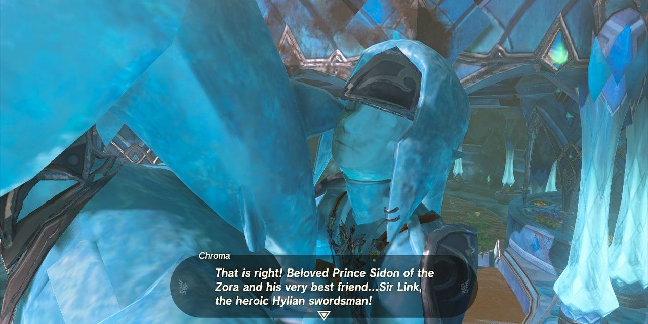 Tears of the Kingdom Sidon And Link together as a Statue in Zora's Domain with a dialogue bubble describing them as friends