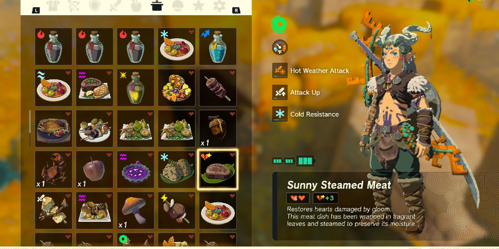 tears of the kingdom sunny steamed meat selected in player inventory