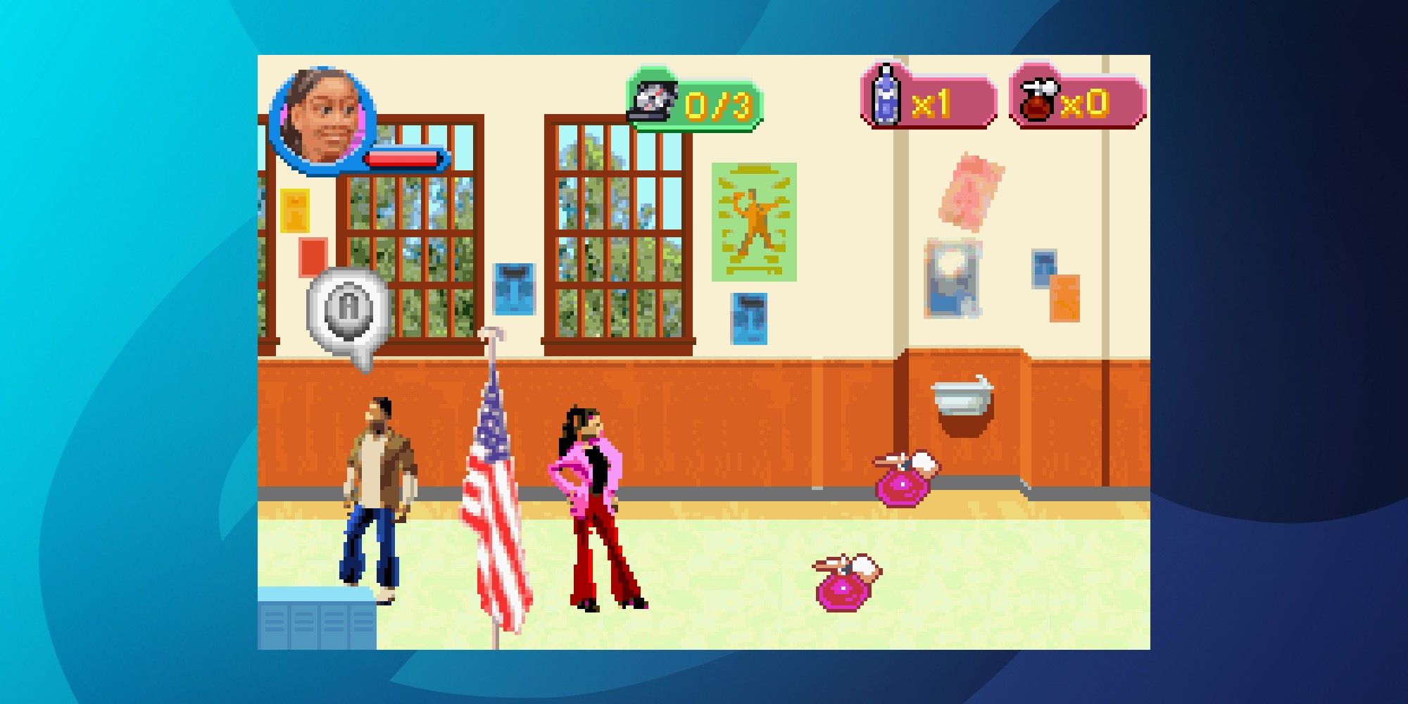 a screenshot of the game with Raven standing in the middle of the school hallway with the pick-ups in front of her