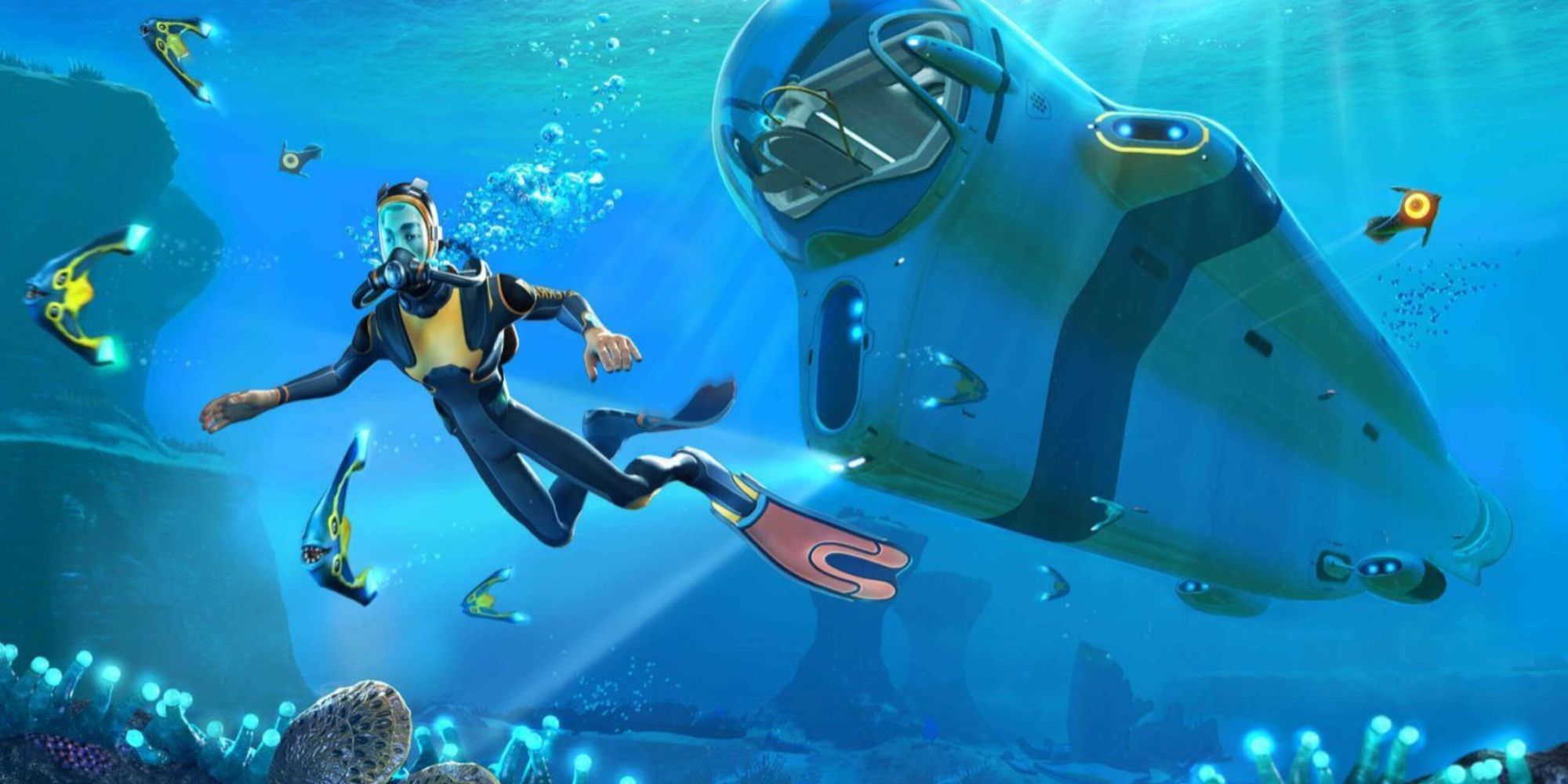 Subnautica cover with player character swimming beside Cyclops
