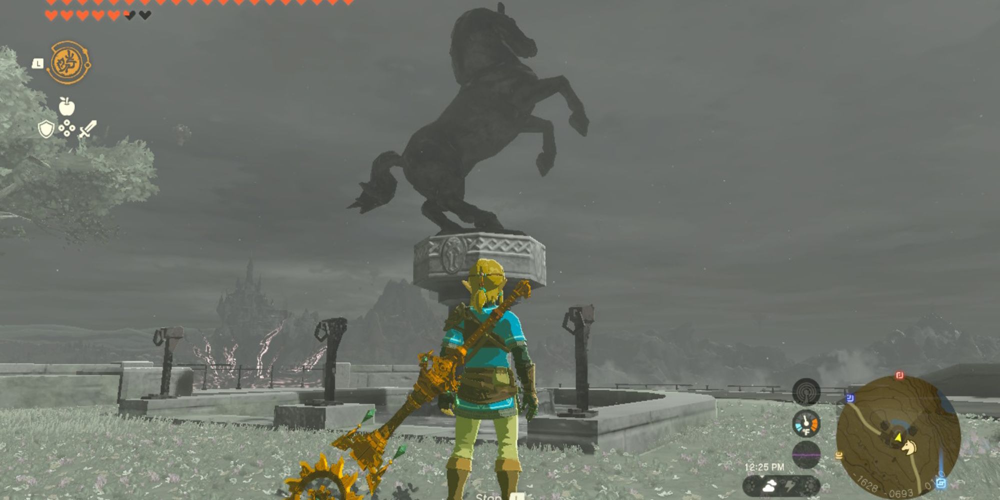 the legend of zelda tears of the kingdom horse statue in black and white with recall active