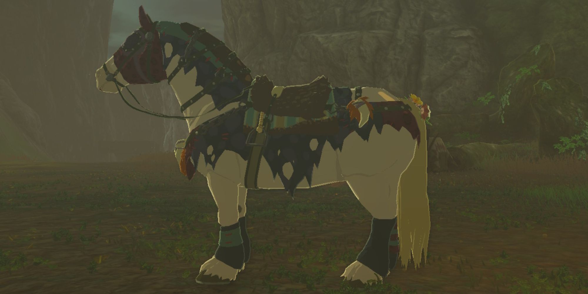 the legend of zelda tears of the kingdom horse wearing the monster bridle and saddle obtained from completing parts of kilton's monster display in tarrey town