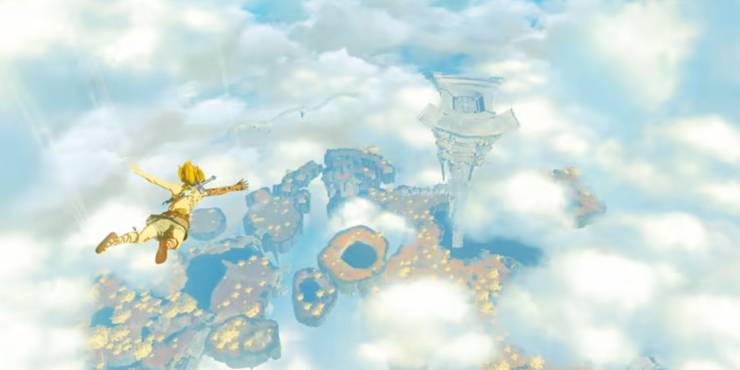 The Legend of Zelda: Tears of the Kingdom - Link falls through the sky toward an island
