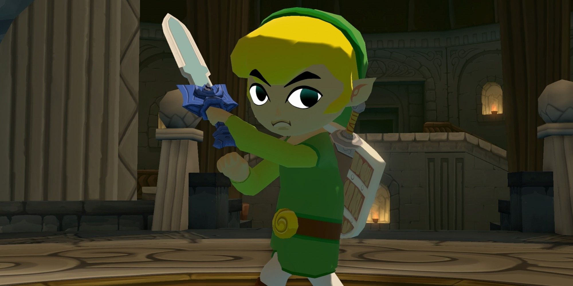 Link holding the master sword inside a dungeon.