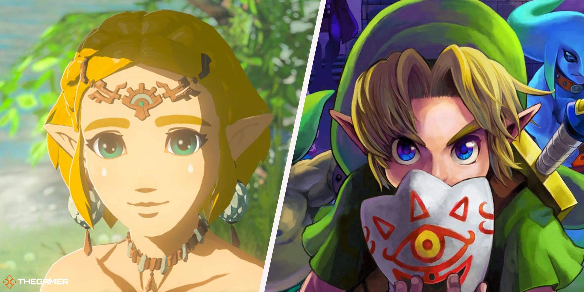 The Legend of Zelda - Zelda from Tears of the Kingdom on left, Link from Majora's Mask on right