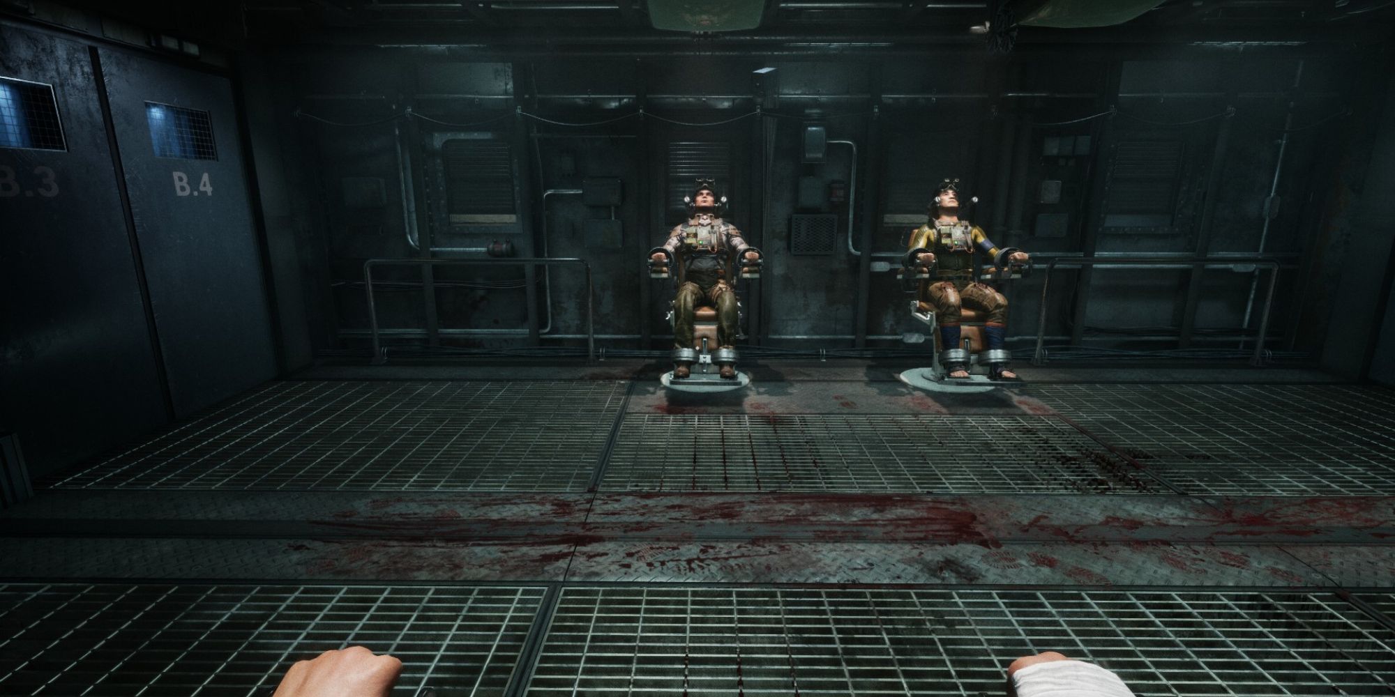 the outlast trials players strapped in chairs