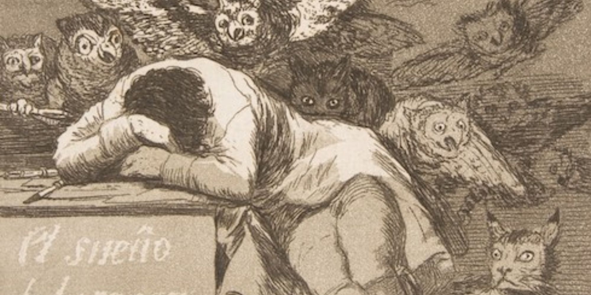 a painting showing a man sleeping while monsters harrass him