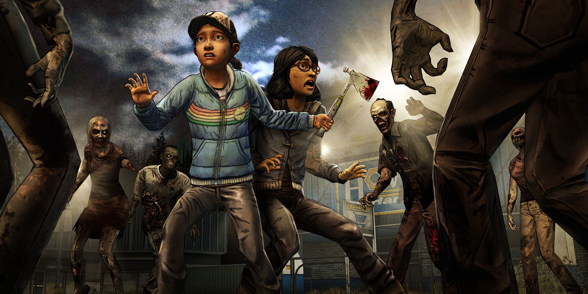 Clementine and Sarah from The Walking Dead are surrounded by zombies