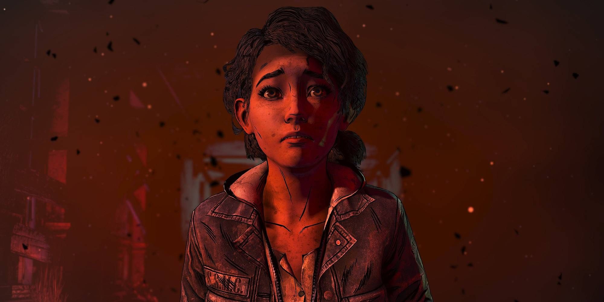 Clementine from The Walking Dead in a crimson fire environment 