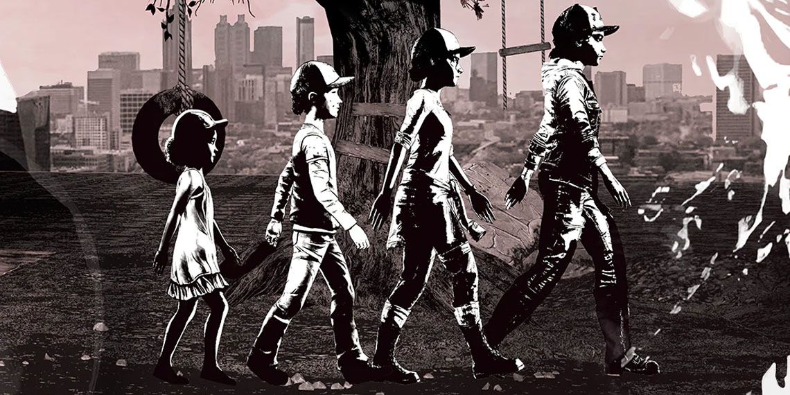 Promo image from Telltale's The Walking Dead showing series protagonist Clementine at different stages of her life, walking infrint of a tree with a tire swing attached.