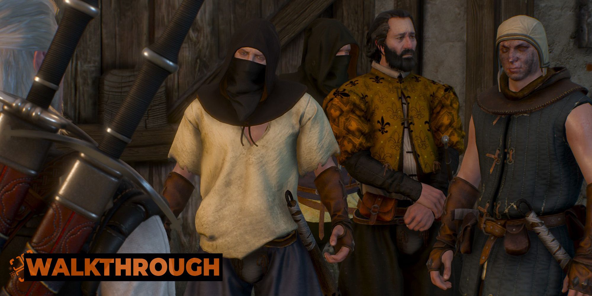 Bandits threaten Geralt as they harass a well-dressed man in Novigrad.