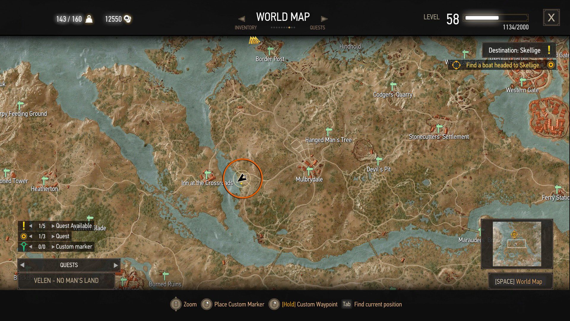 A screenshot of The Witcher 3&rsquo;s map with an orange circle over a quest objective.
