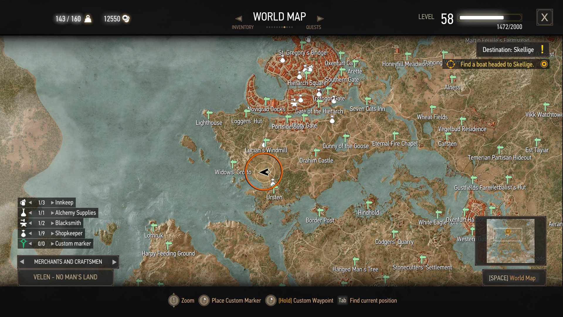 A screenshot of The Witcher 3&rsquo;s map with an orange circle over a quest objective.
