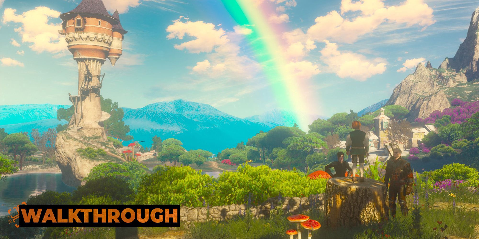 Geralt and Syanna stand in a magical land with a rainbow arcing in the background.