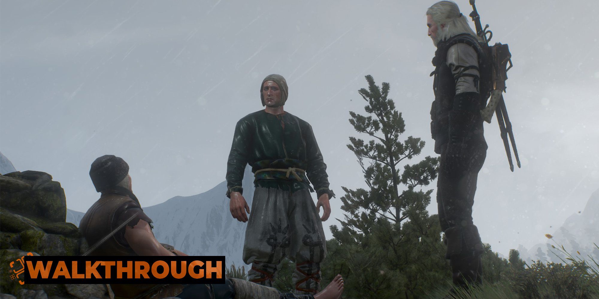 Geralt talks to a pair of men at the foot of a monument in Skellige.