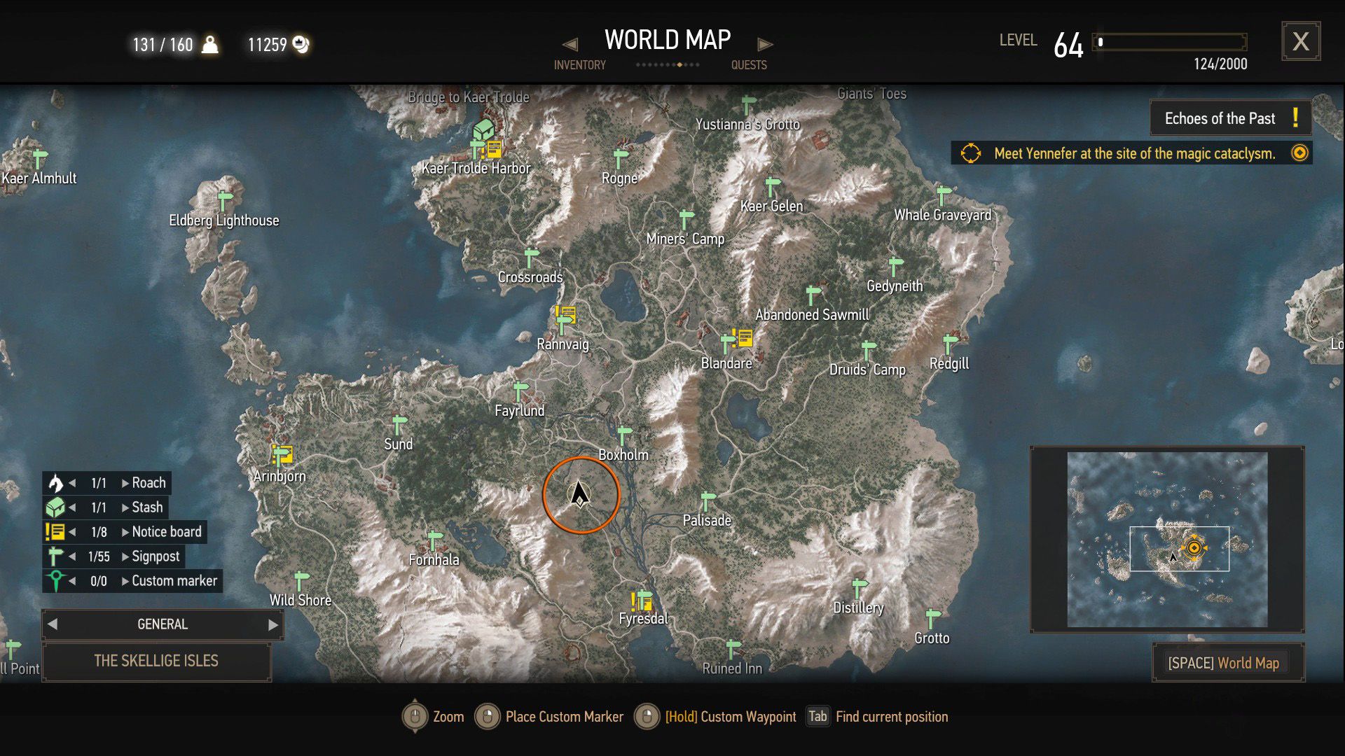 A screenshot of The Witcher 3&rsquo;s map with an orange circle over a quest objective.