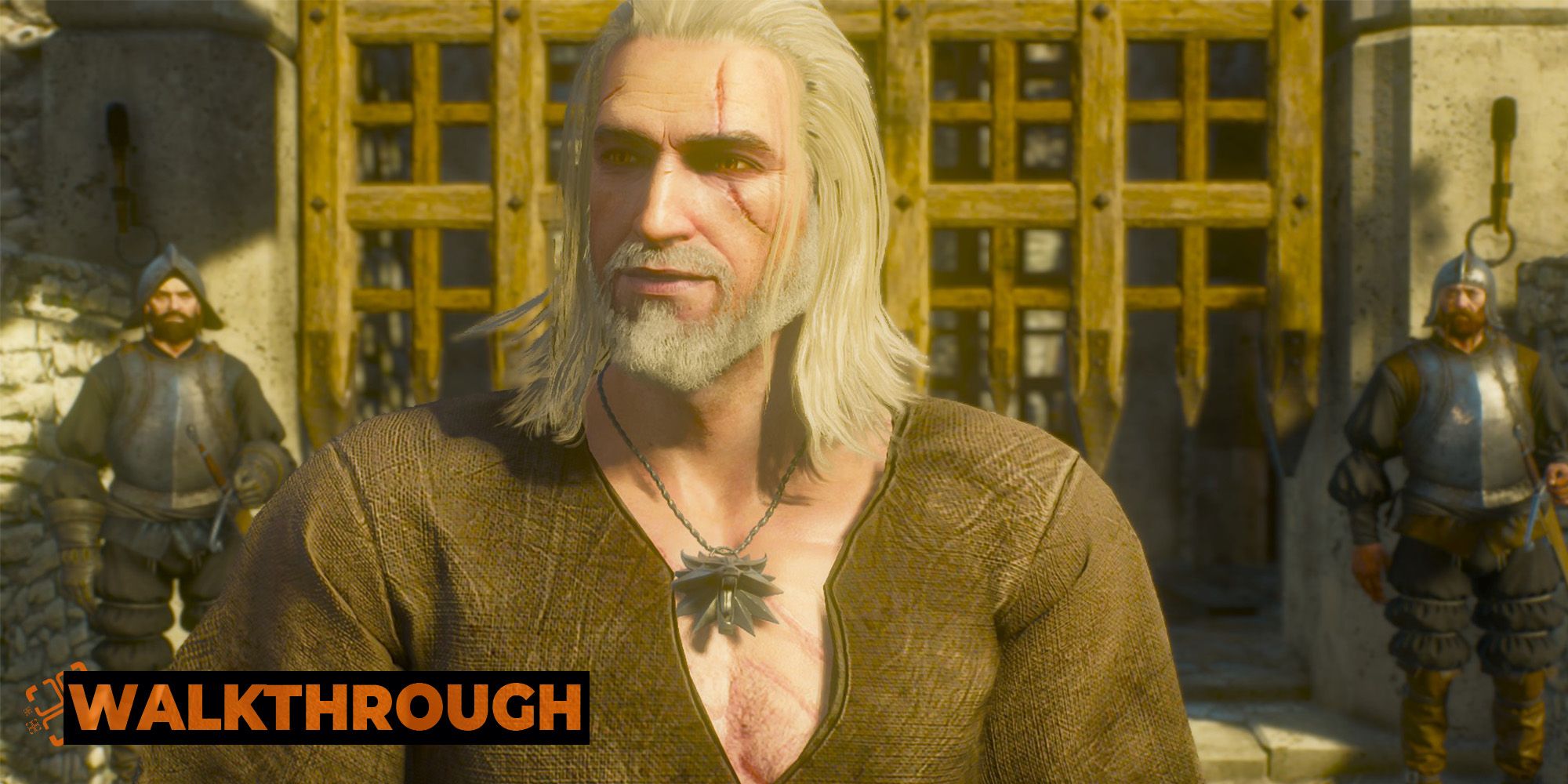 Geralt leaves a prison with a smile on his face, relieved to be free.