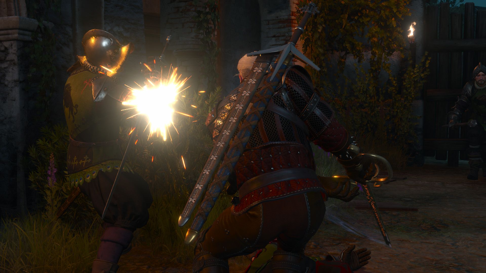 Geralt's swing is parried by a metal-helmeted guard.