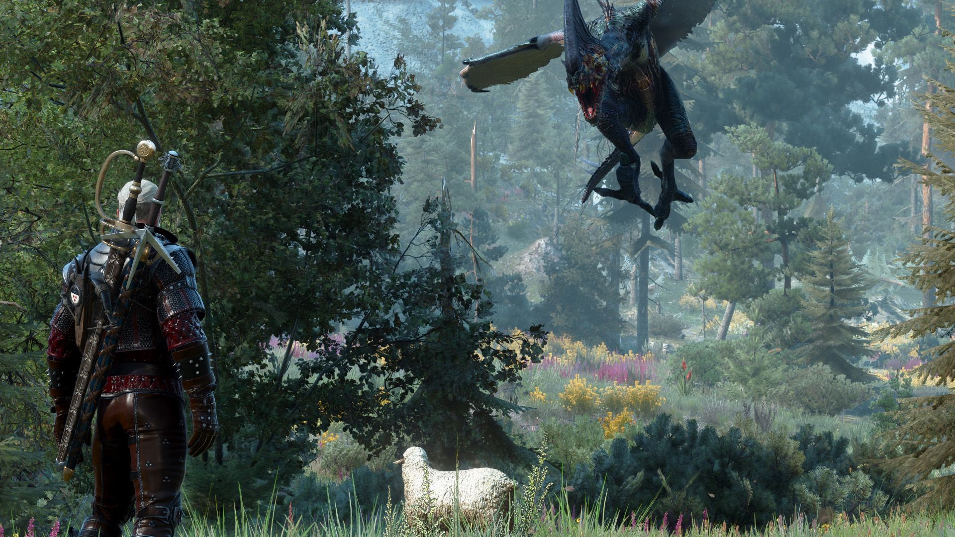 Geralt watches as a forktail swoops down on a sheep in Skellige.