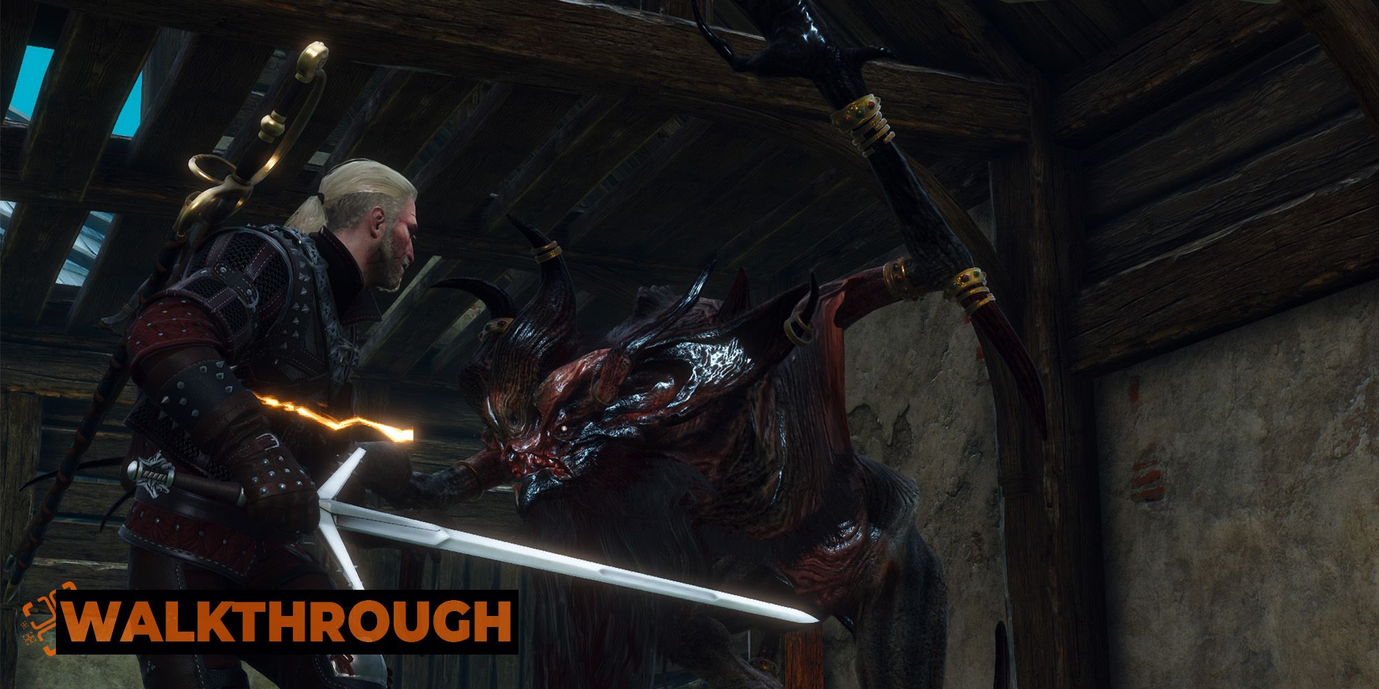 Geralt fights a katakan in a Novigrad house.