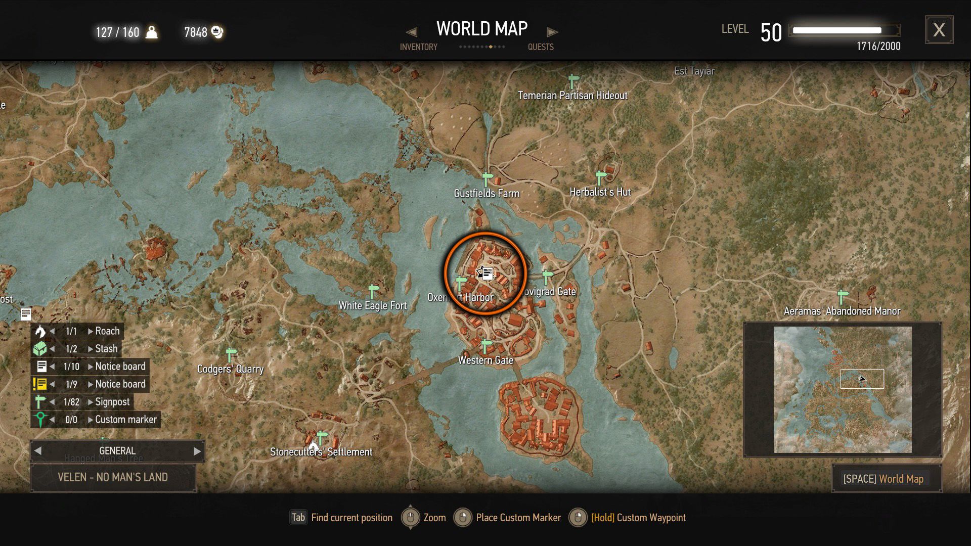 A screenshot of The Witcher 3&rsquo;s map with an orange circle over a quest objective.