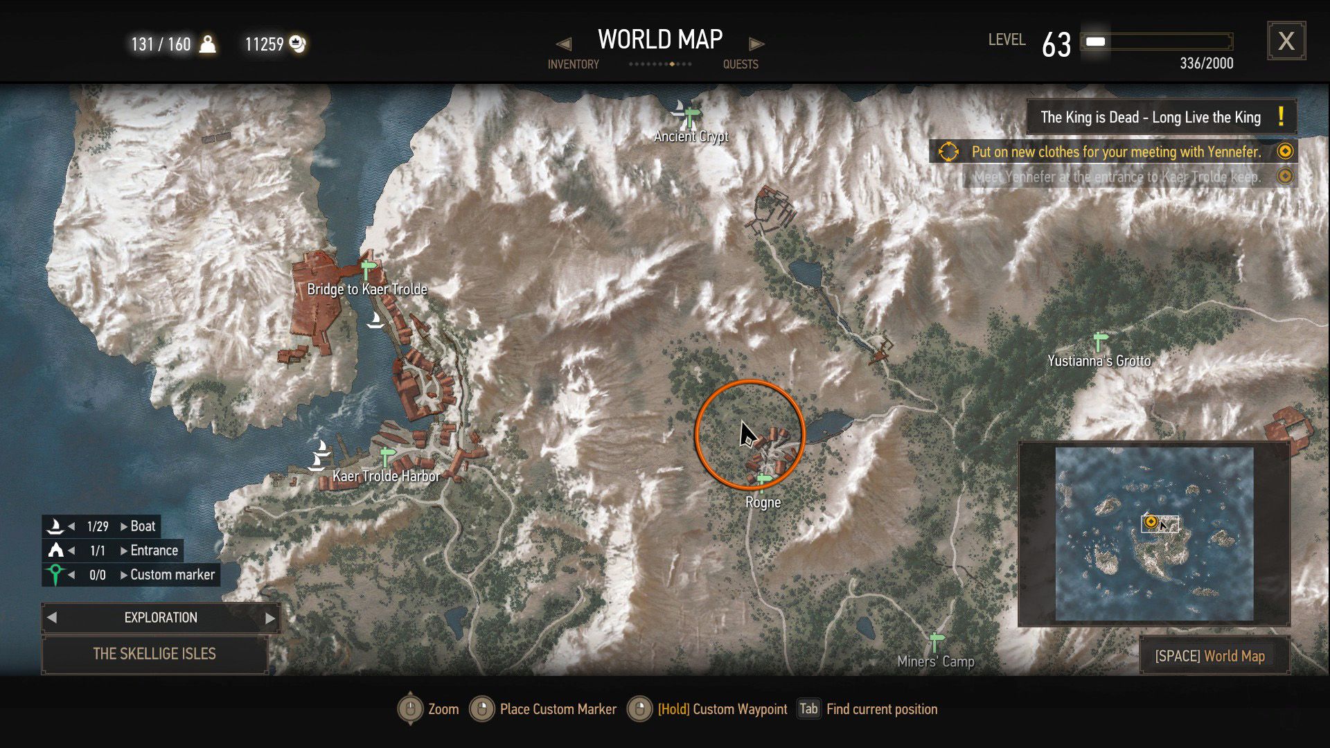 A screenshot of The Witcher 3&rsquo;s map with an orange circle over a quest objective.