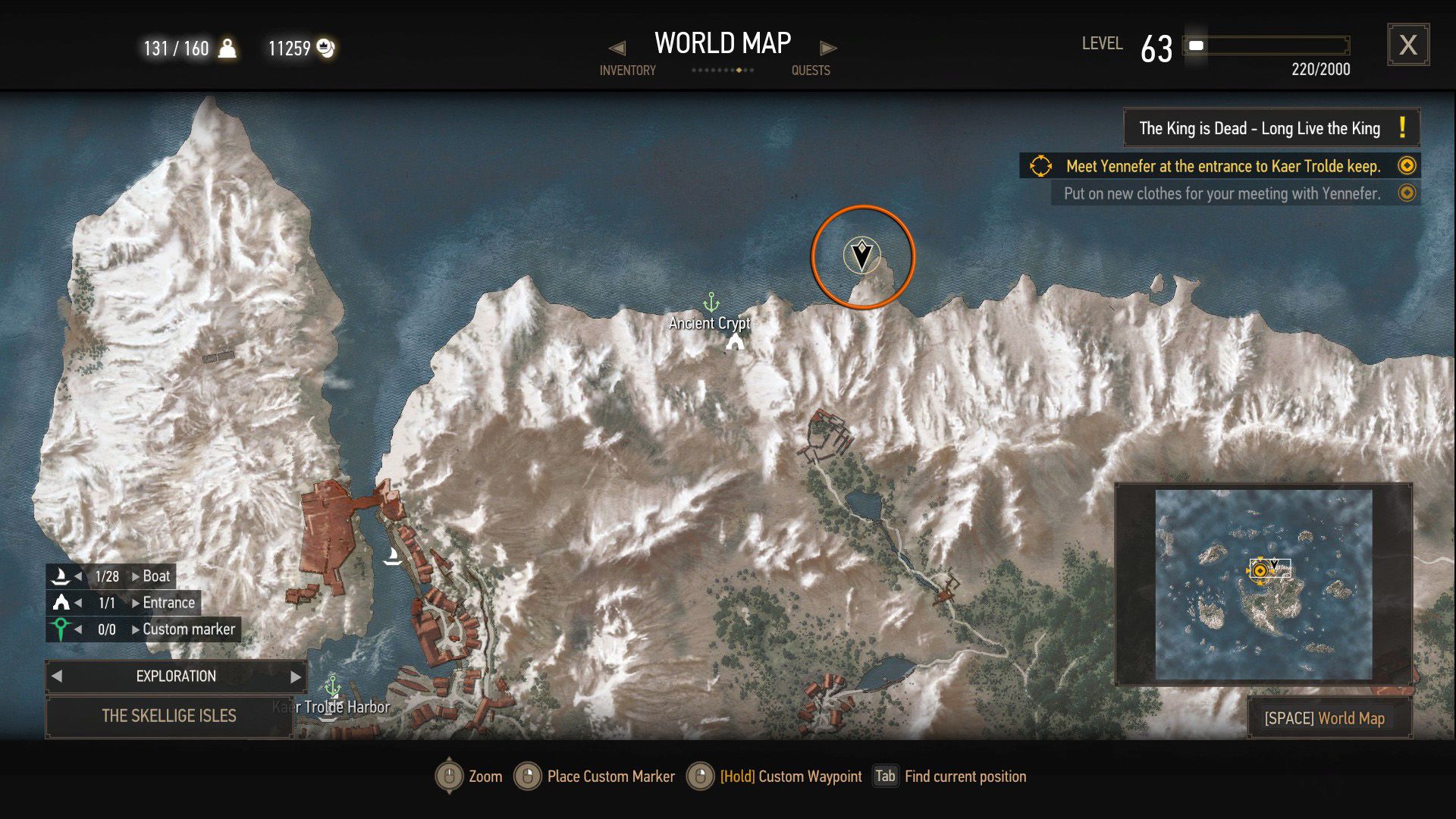 A screenshot of The Witcher 3&rsquo;s map with an orange circle over a quest objective.