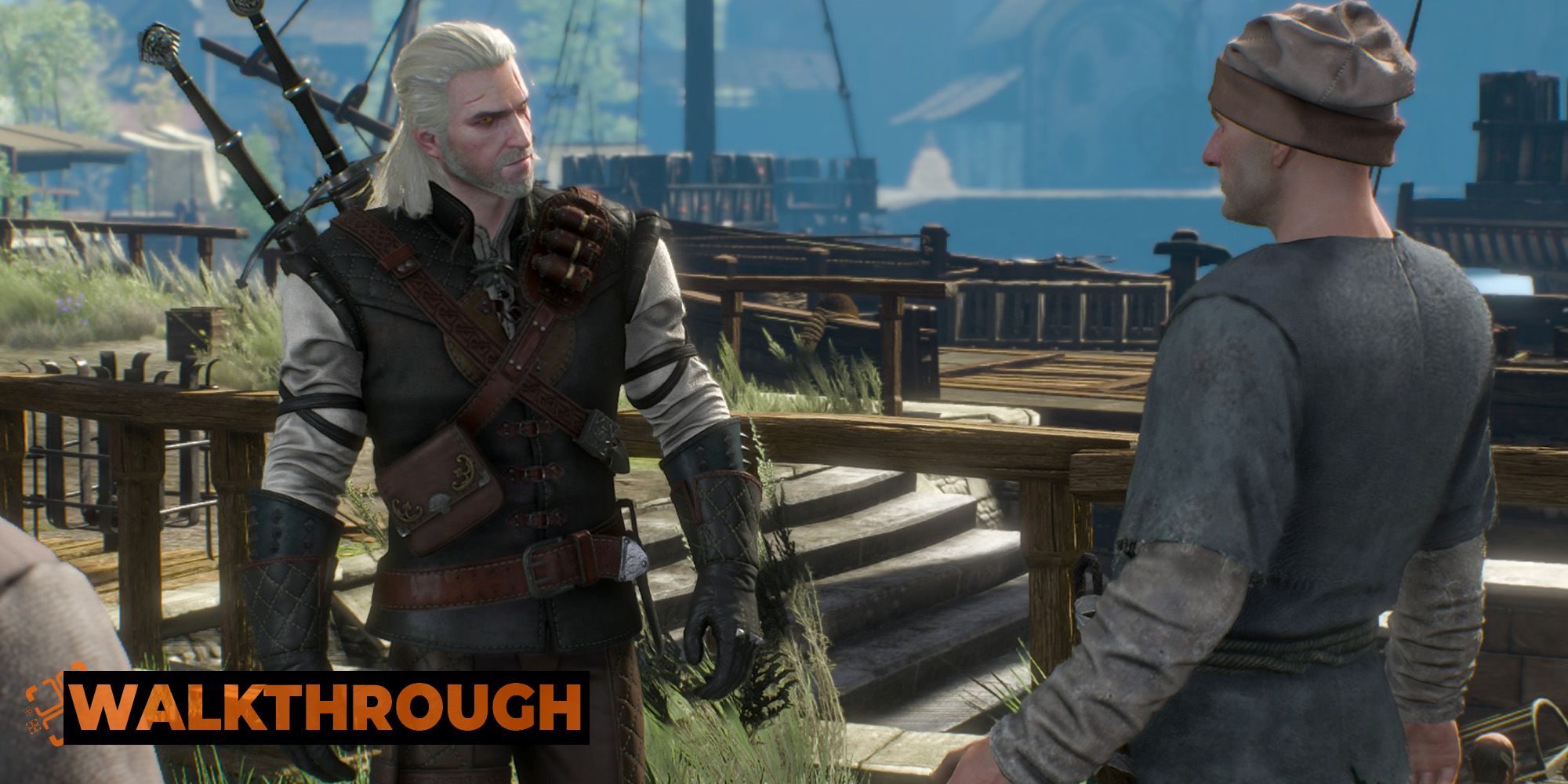 Geralt is approached by a drunk man asking him for money outside an inn.